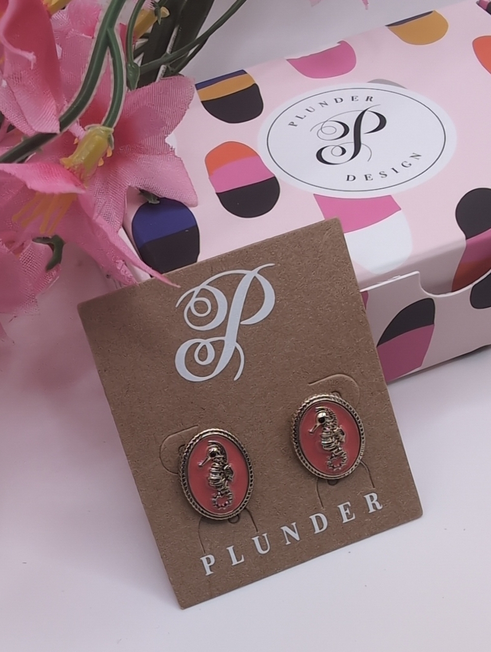Plunder Gold Seahorse Oval Coral Enamel Stud Earrings New In Box - Picture 3 of 5